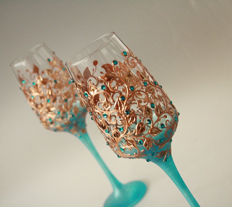 Wine Glasses Wedding Toasting Anniversary Copper Turquoise Floral, Hand painted - 酒杯/酒器 - 玻璃 蓝色