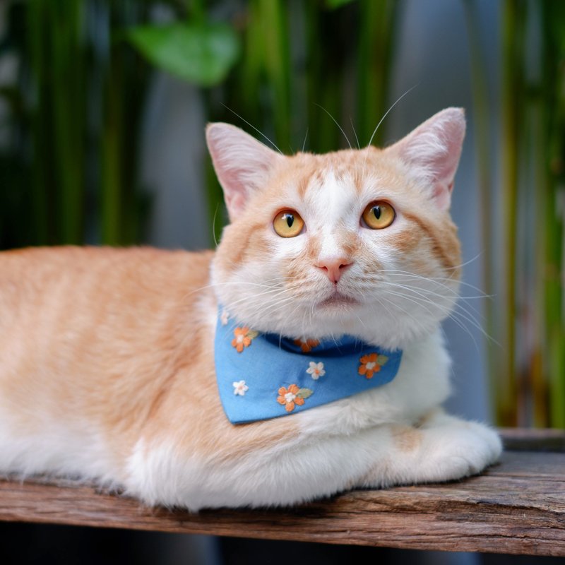 Little forest - Breakaway cat collar : Spruce blue with flowers - 项圈/牵绳 - 棉．麻 蓝色