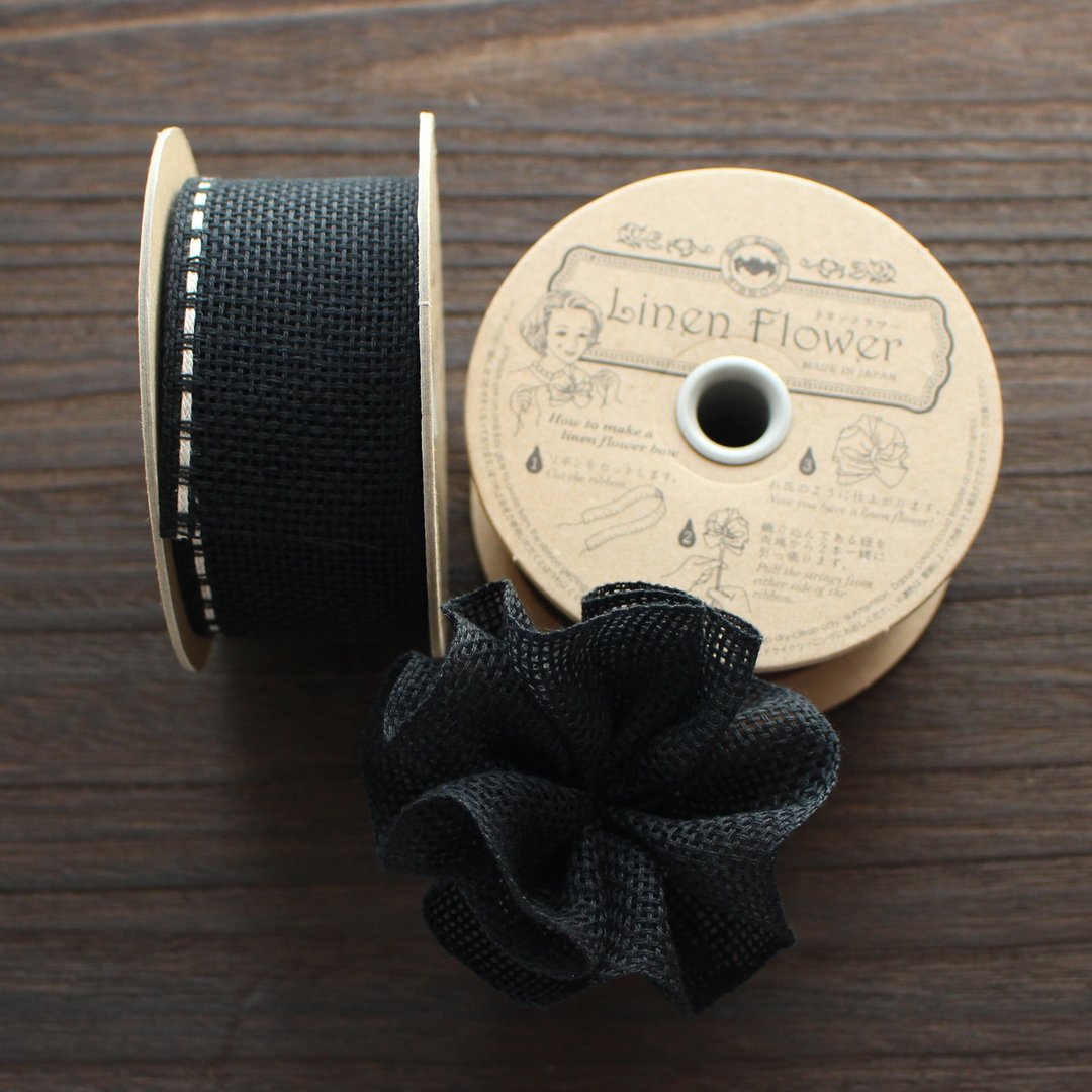 40mm width No,1176-40mm/#10 Black  Linen Flower Ribbon　sold by 5m(1Roll) - 编织/刺绣/羊毛毡/裁缝 - 棉．麻 黑色