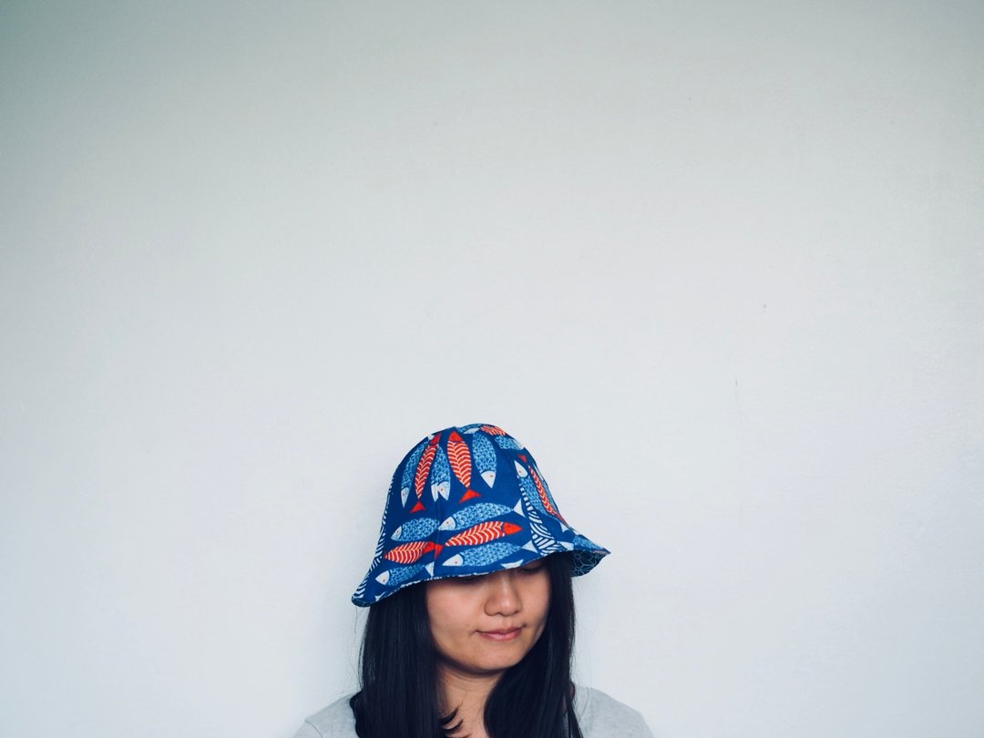 手工制作双面蓝色和风小鱼防晒帽子 适合婴儿小孩成人 - 帽子 - 棉 蓝色