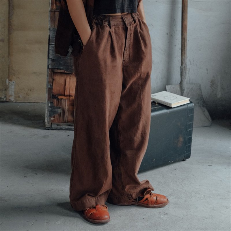 棕色/白色 寬松直筒休閒褲長褲子 桑油絲有機棉中性直筒長褲 - 女装长裤 - 棉．麻 咖啡色