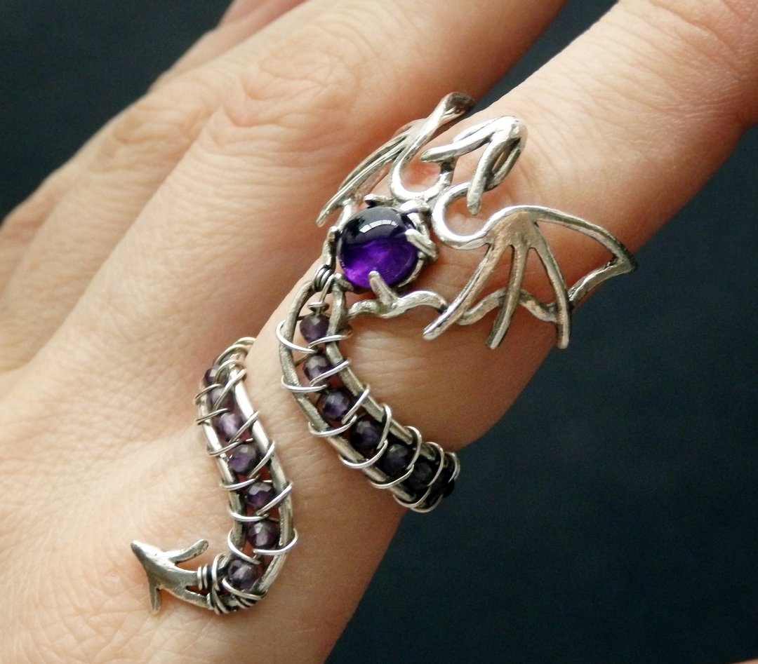 Silver dragon wire wrap ring / amethyst ring /Purple dragon - 戒指 - 银 紫色