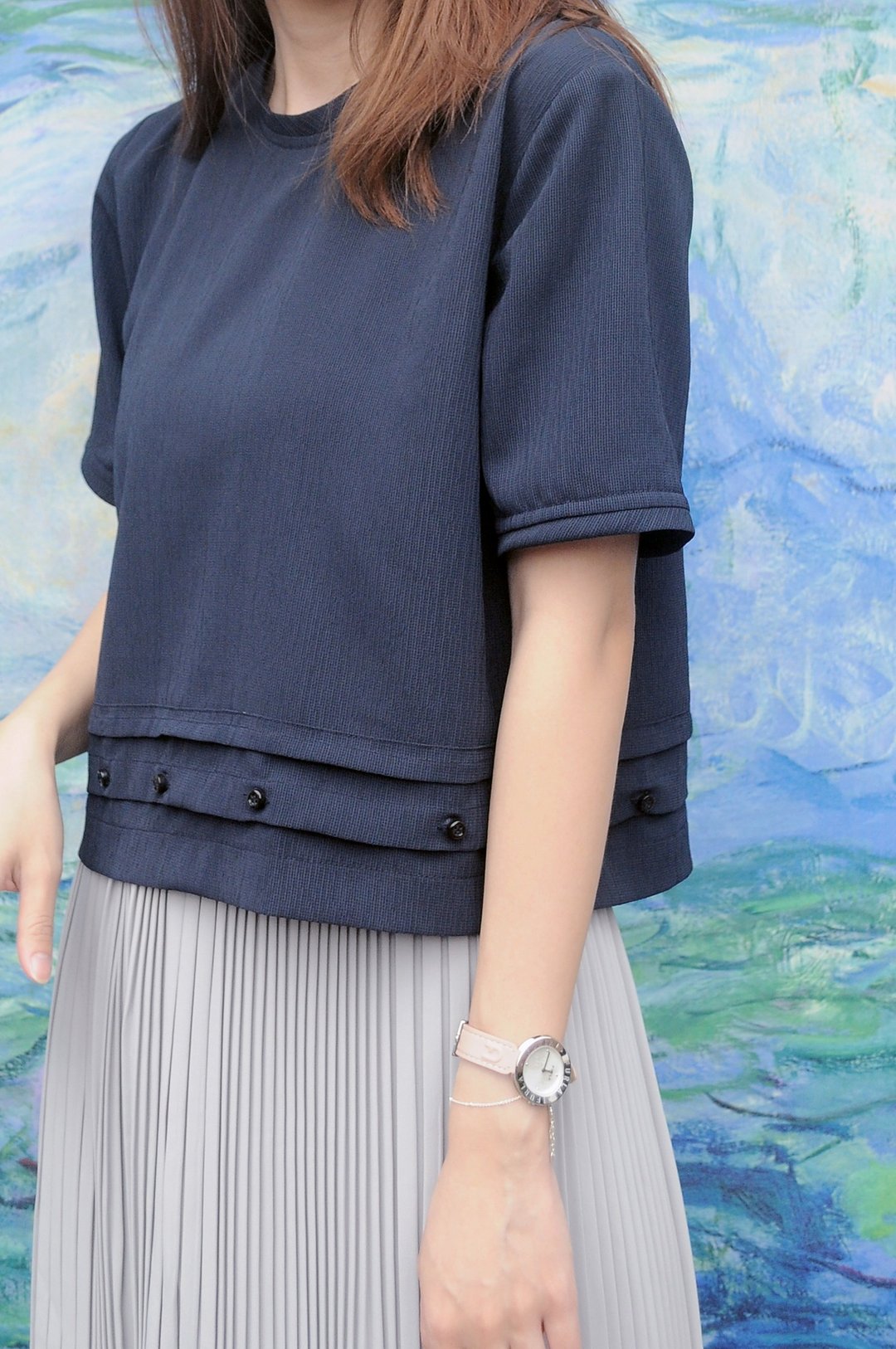Inez Blouse 深蓝色饰钮褶褶上衣 - 女装上衣 - 其他人造纤维 蓝色