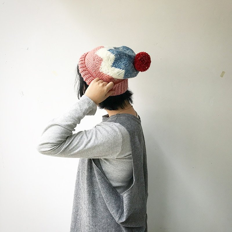 【Fasti岁时记】草木染纯羊毛帽子 手织毛线帽-粉蓝白 - 帽子 - 羊毛 粉红色