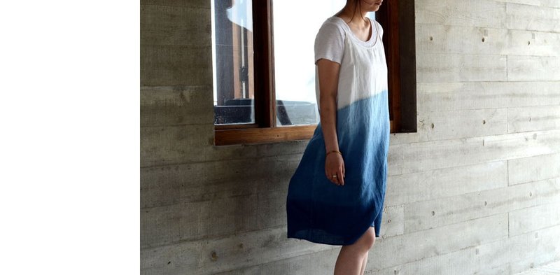 拾弃原创设计。古法植物草木蓝染渐变亚麻吊带连衣裙 - 洋装/连衣裙 - 棉．麻 蓝色
