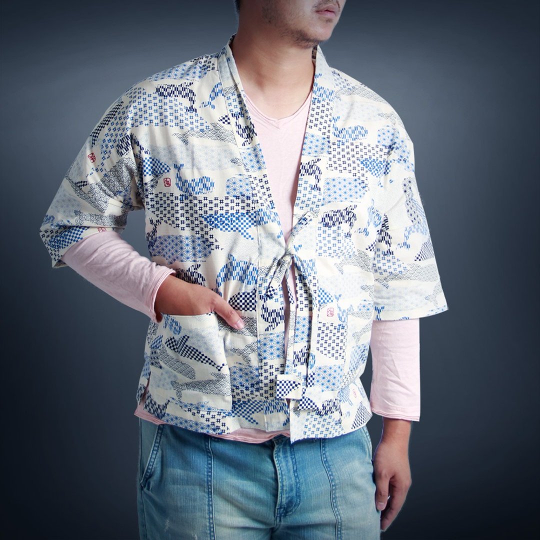 日式外套-青海波鲸鱼(白) - 男装外套 - 棉．麻 白色