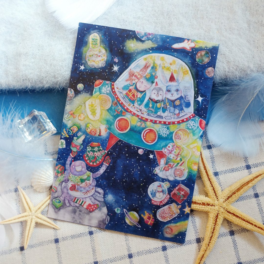【水彩插画明信片】太空船派礼物给外星人 | 企鹅.蓝兔子.云游仔 - 卡片/明信片 - 纸 蓝色