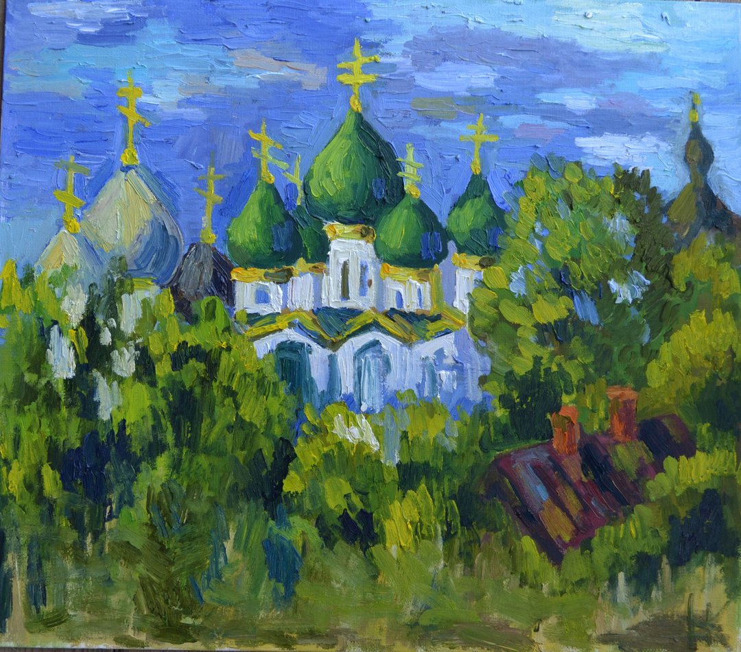 church sunset Landscape Painting Nature Original Art Tiny Artwork field Wall Art - 墙贴/壁贴 - 其他材质 多色