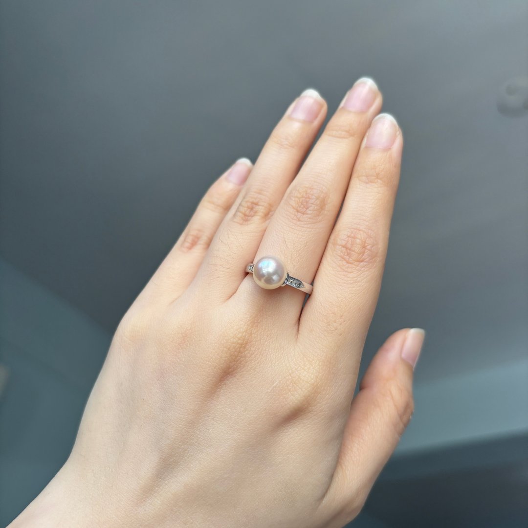 日本 Akoya 海水珍珠戒指 稀有 9mm S925 纯银 钻石 0.05ct 近无瑕 - 戒指 - 珍珠 透明