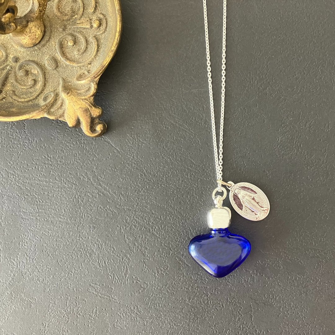 SV French antique medal and perfume bottle necklace -Blue - 项链 - 玻璃 蓝色