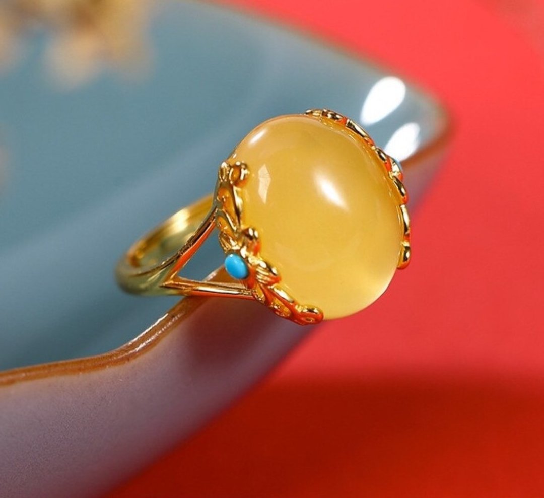 Natural Chicken Fat Beeswax Rings for Women Luxury Fashion Amber Jewelry - 戒指 - 纯银 银色