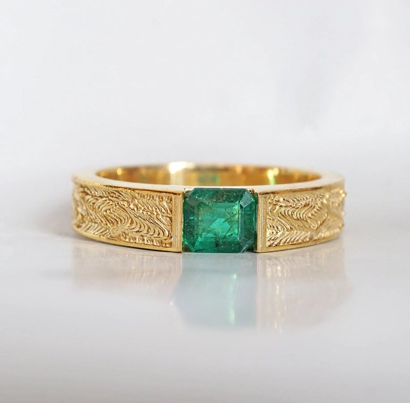 Men's Emerald Leaf Band | 14k Gold Ring | Green Gemstone - 戒指 - 宝石 绿色