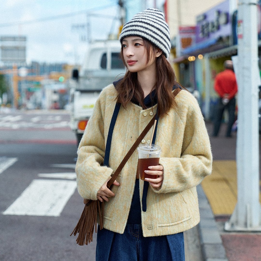 混色毛圆领短外套|外套|两色|秋款|Sora-1648 - 女装休闲/机能外套 - 羊毛 多色