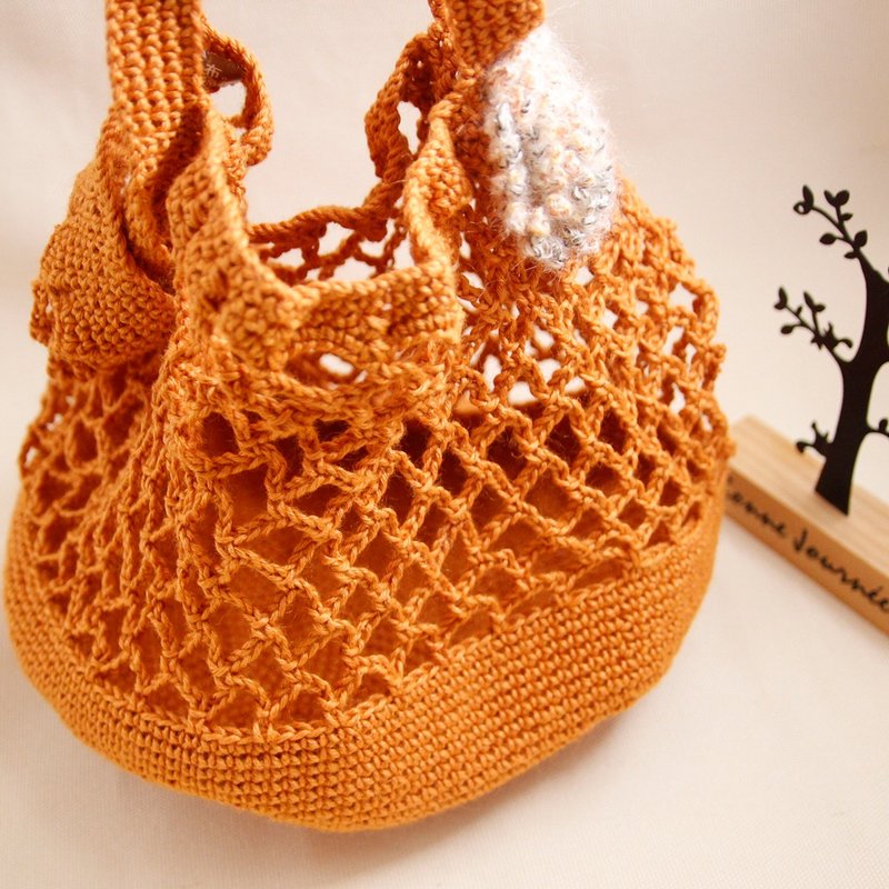 毛线编织手作礼物 绚丽绣球花/烟火花  姜黄台湾苎麻篓空购物包 - 手提包/手提袋 - 其他材质 橘色