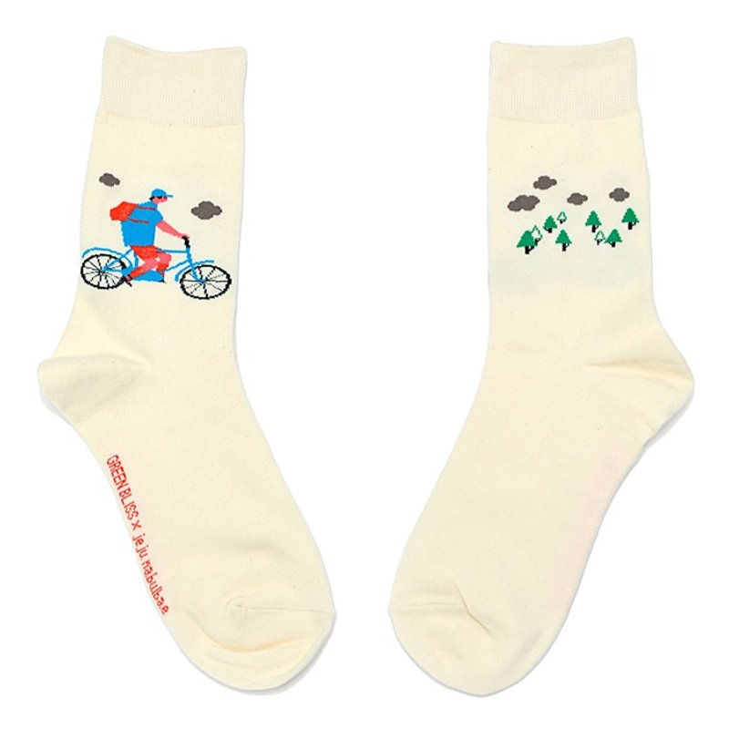 联名系列-NABULBAE How to travel to Jeju 1-骑脚踏车去济州 - 袜子 - 棉．麻 白色