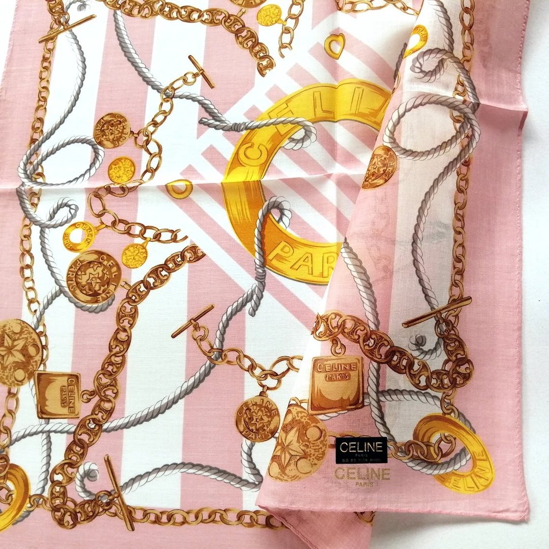 Celine 复古手帕金色珠宝吊饰 20 x 20 英寸，复古围巾 - 丝巾 - 棉．麻 粉红色