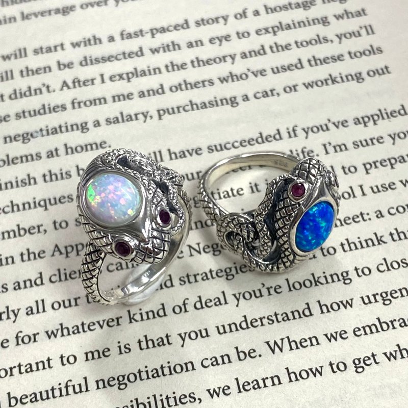 Art Nouveau Style Snake Ring with Gilson Opal and Ruby Stone 925 Sterling Silver - 戒指 - 纯银 银色
