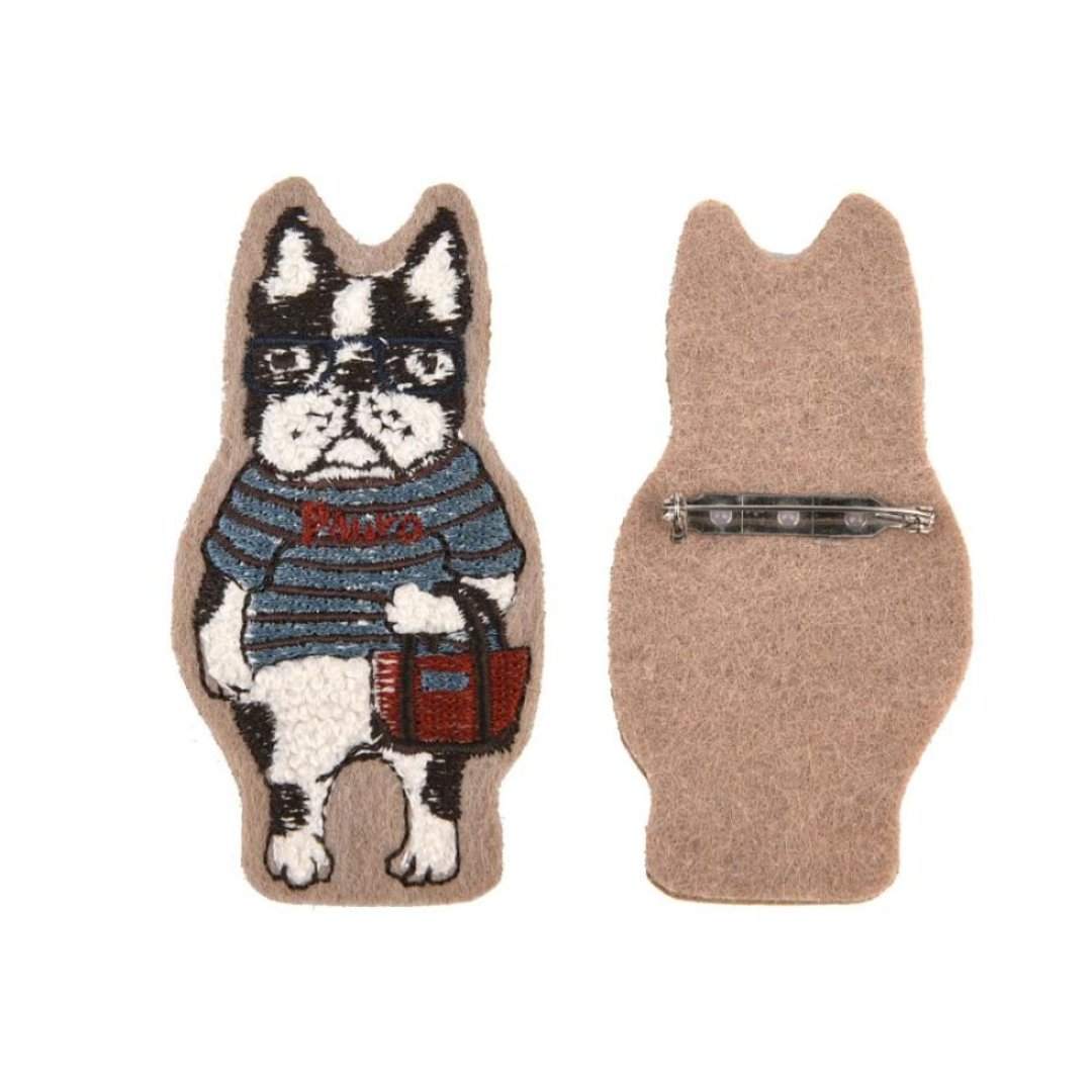 Kusuguru Japan 胸针 别针 日本相良刺绣绒毛立体造型-斗牛犬米色 - 胸针 - 聚酯纤维 卡其色