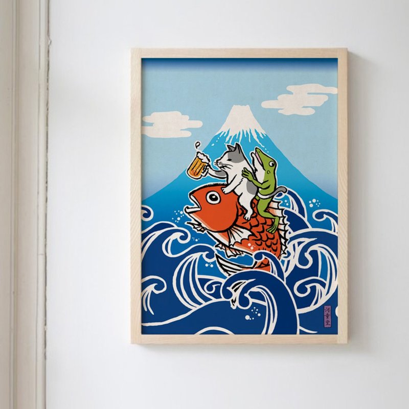 poster cat and frog riding a sea bream - 海报/装饰画/版画 - 纸 蓝色