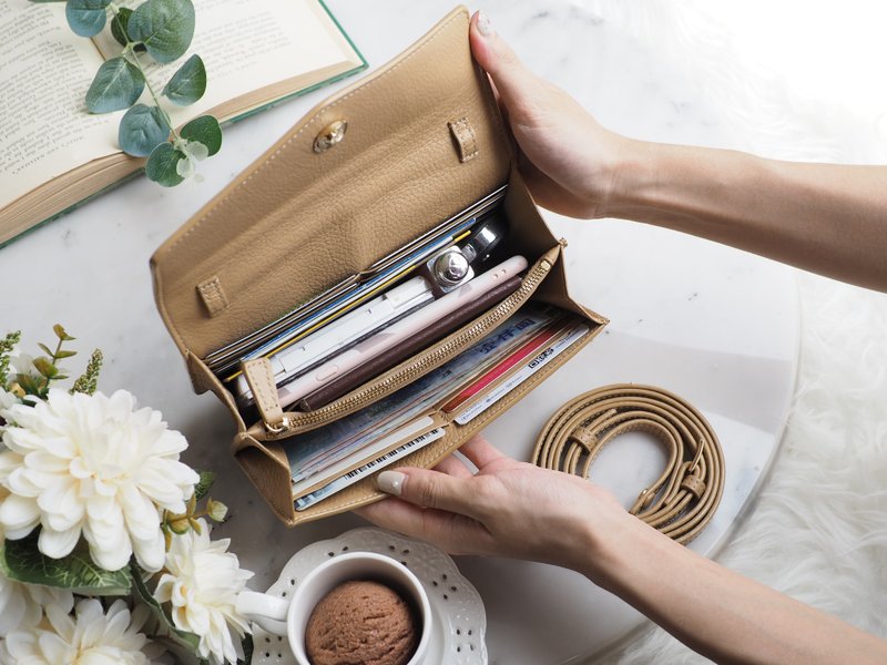 Irene (Beige) :  Multi-function bag, clutch , long wallet, mini crossbody - 手提包/手提袋 - 真皮 卡其色