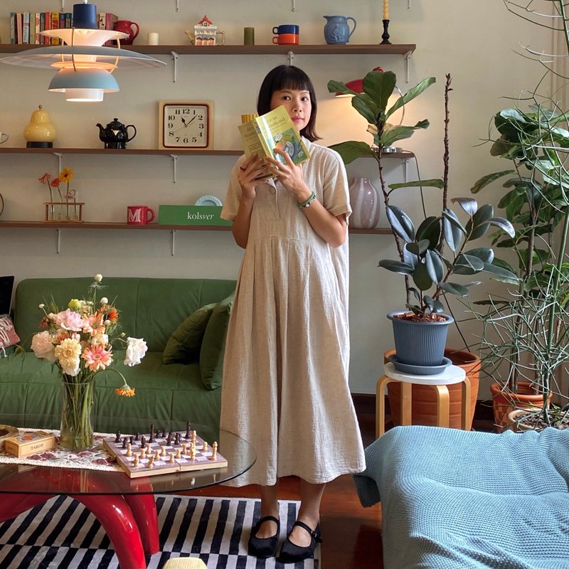 蓝色大丽花连衣裙 靛蓝棉质连衣裙 - 洋装/连衣裙 - 棉．麻 卡其色