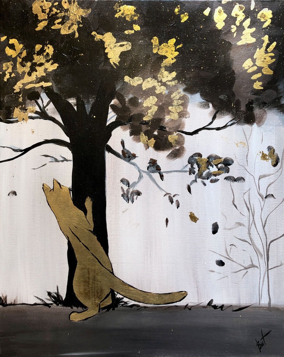Cat Painting Animal Original Art Gold Artwork Kitten Wall Art Minimalist Acrylic - 海报/装饰画/版画 - 其他材质 金色