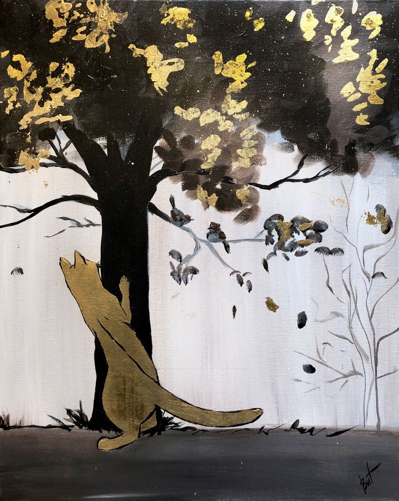 Cat Painting Animal Original Art Gold Artwork Kitten Wall Art Minimalist Acrylic - 海报/装饰画/版画 - 其他材质 金色