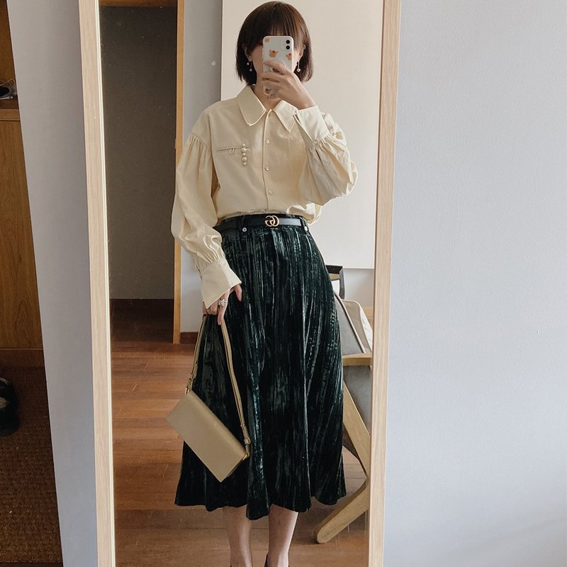 墨绿丝绒高腰松紧半裙|裙子|春款|人丝+锦纶|Sora-438 - 裙子 - 其他材质 绿色