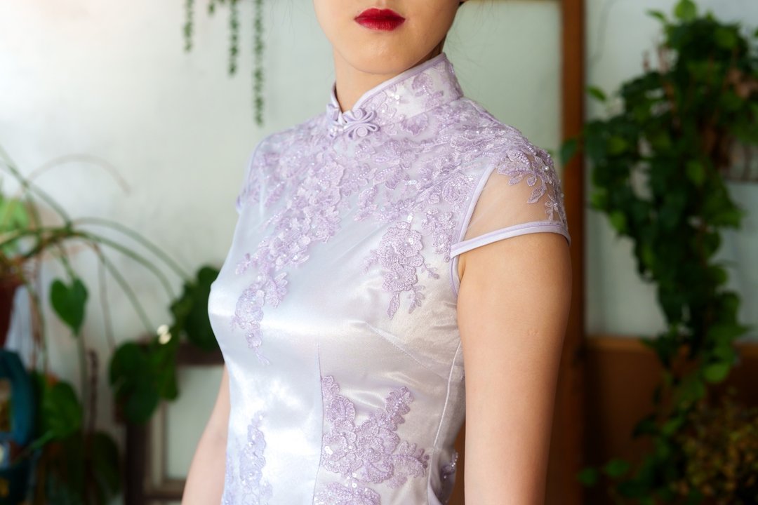小凤仙袖唐装蕾丝旗袍/ 长衫 (浅紫色) - 旗袍 - 其他材质 紫色