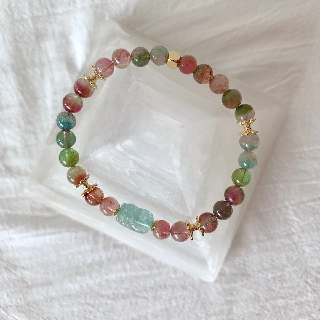 梦幻色系 西瓜碧玺 天空蓝貔貅碧玺手链 天然水晶设计手链 - 手链/手环 - 半宝石 多色