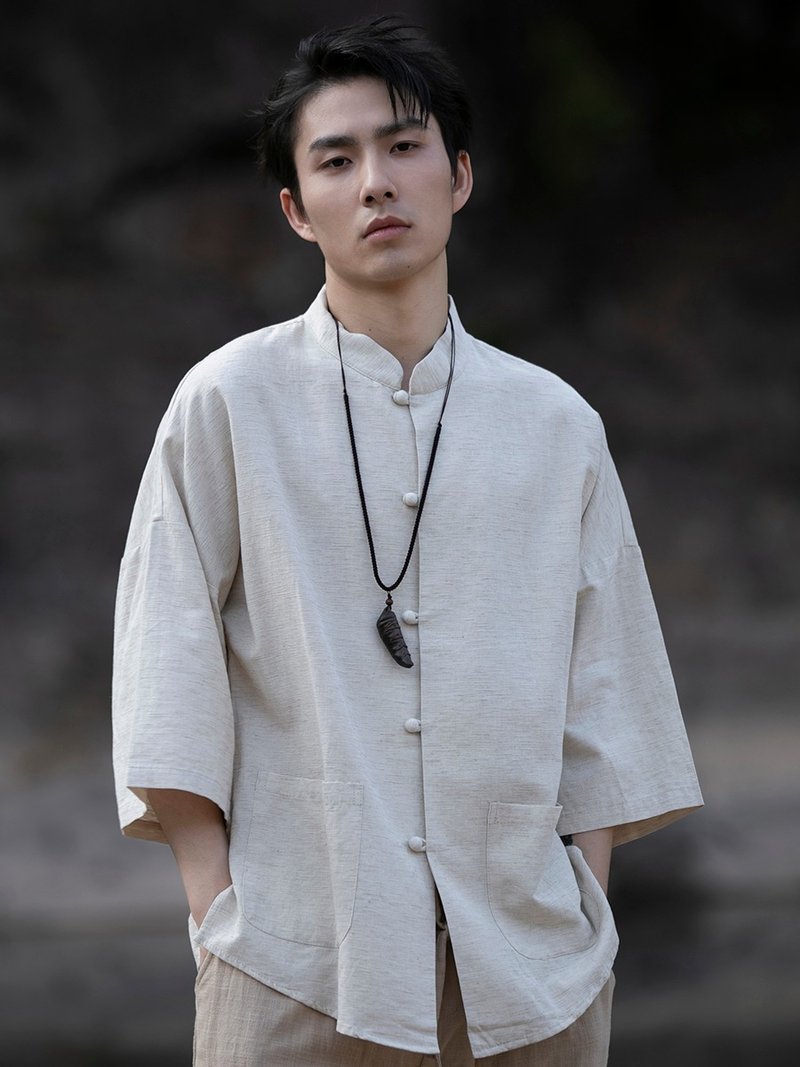 新中式复古 棉麻短袖衬衫 七分袖中式唐装 - 男装衬衫 - 其他材质 多色