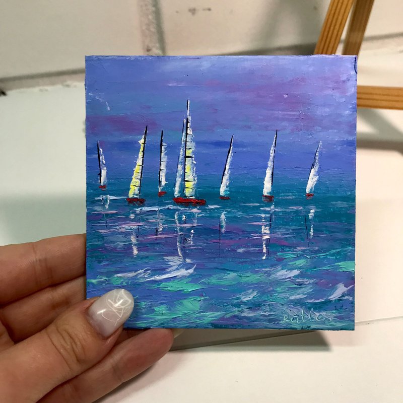 帆船绘画原创艺术海景微型景观小画墙艺术游艇海Impasto调色板刀4 - 墙贴/壁贴 - 纸 蓝色