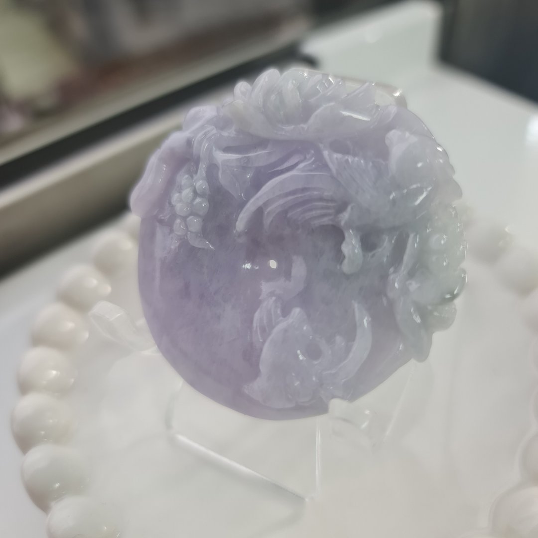 浓紫凤朝牡丹平安扣 | 天然缅甸玉A货翡翠 - 吊饰 - 玉石 