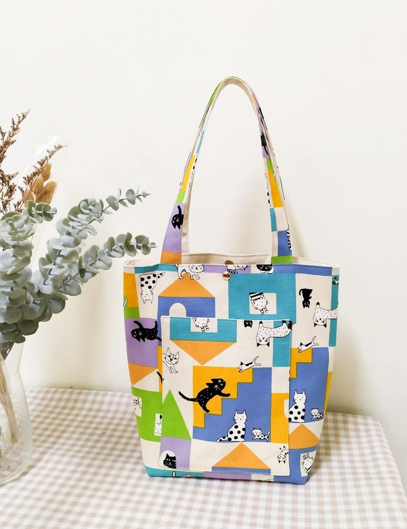 小满系列/子母袋肩背包/托特包/涂鸦猫咪款/预购中 - 手提包/手提袋 - 棉．麻 多色