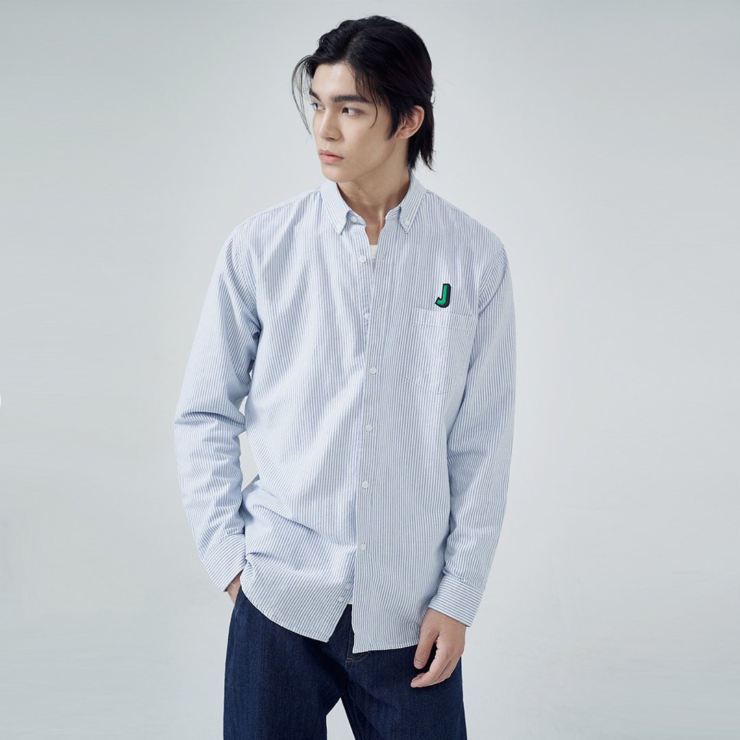 JARVISTORM势力周新款男士日系通勤牛津纺条纹绣花衬衫 - 男装衬衫 - 棉 蓝色