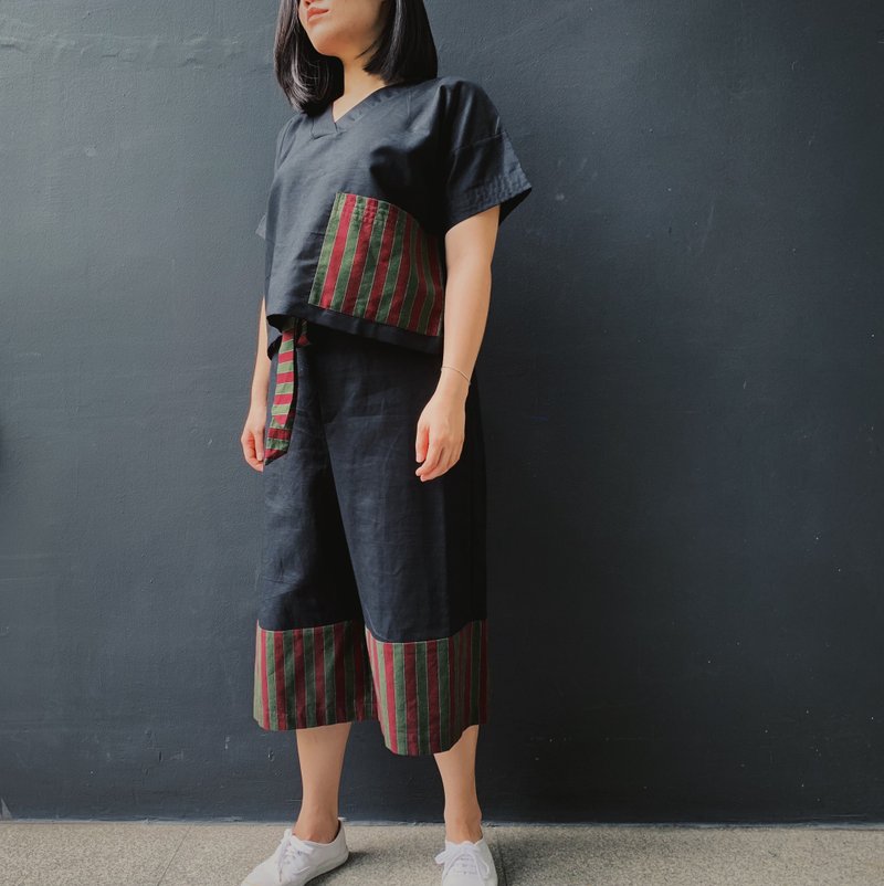 Koh Yor 1 : Set of black linen top and pants with red and gree - 女装上衣 - 棉．麻 黑色