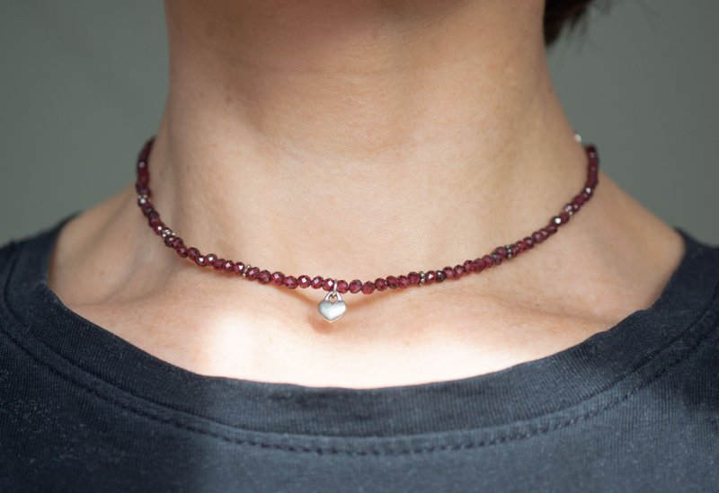 石榴石项链，925银，牡羊座宝石，活力与爱情之石，心形吊坠 - 项链 - 宝石 红色