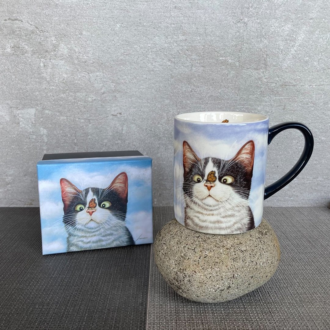 美国Lang-蝴蝶与小猫-插画家咖啡马克杯 - 咖啡杯/马克杯 - 陶 