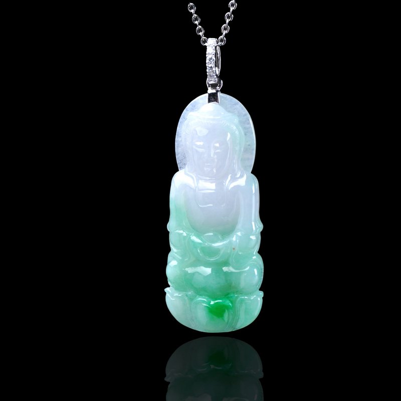 飘阳绿翡翠观音菩萨项链 18K金钻石 | 天然缅甸玉翡翠A货 | 送礼 - 项链 - 玉石 绿色