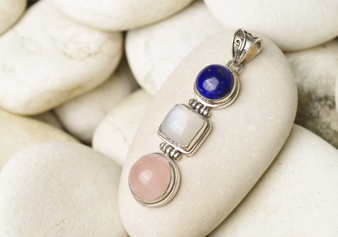 Lapis Lazuli, Moonstone and Rose Quartz Pendant Top - Gemstone Pendant Necklace - 项链 - 纯银 多色