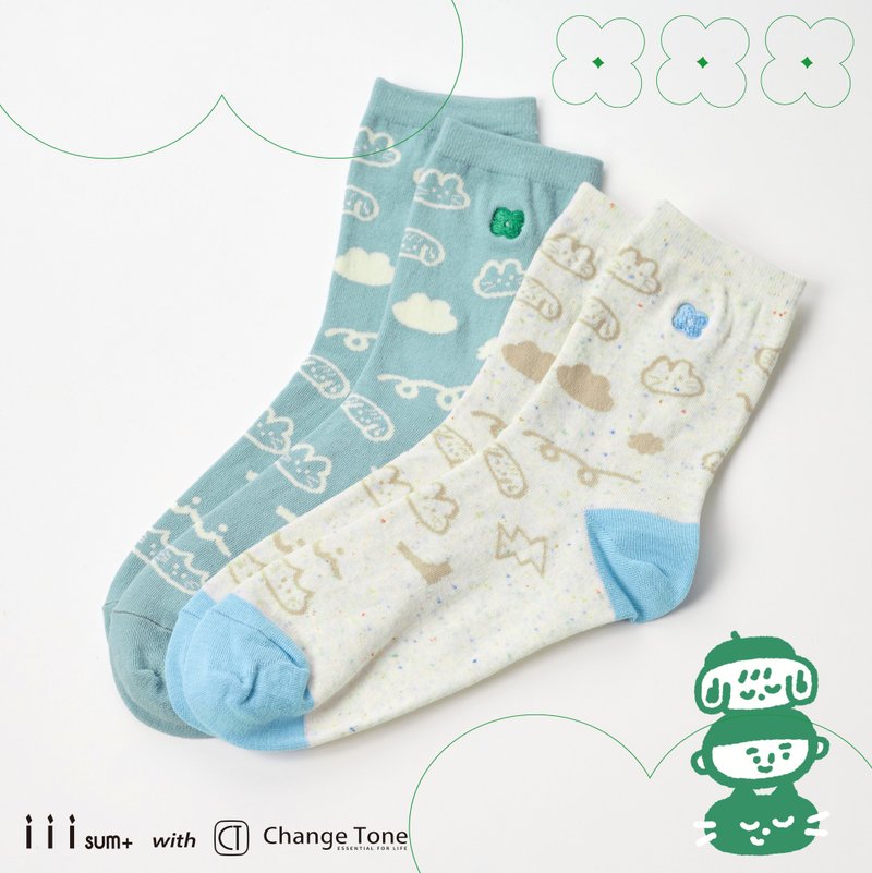 飘飘云朵 米/蓝 iii sum+ × ChangeTone 联名袜款 刺绣 - 袜子 - 棉．麻 