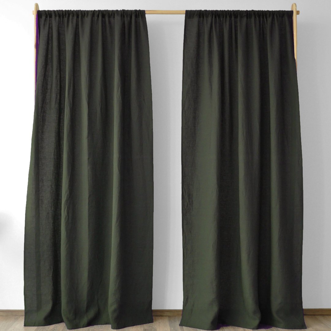 Charcoal green regular and blackout linen curtains / Custom curtains / 2 panels - 门帘/门牌 - 亚麻 绿色