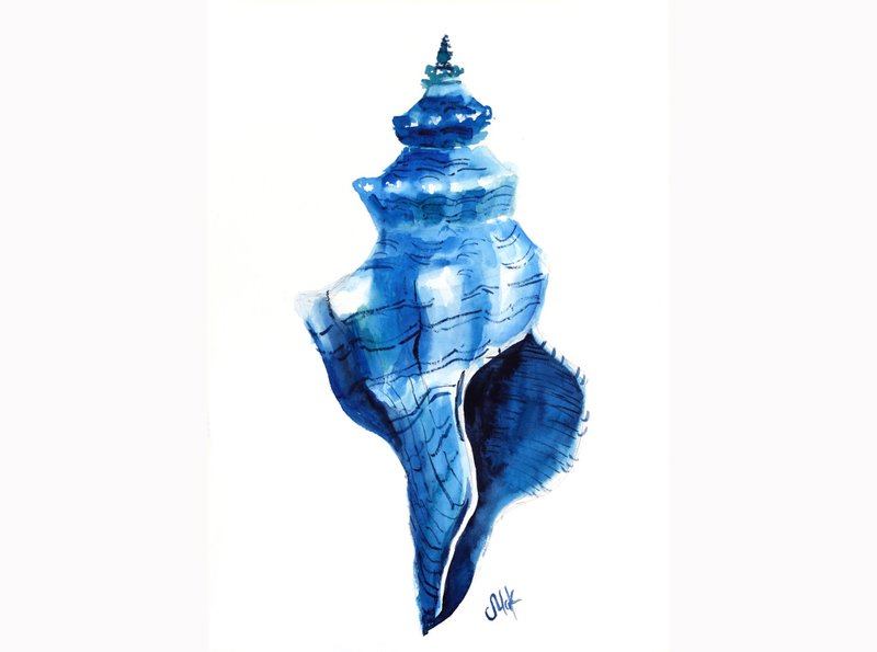 Seashell Watercolor Navy Blue Nautical Original Paintings Shell Wall Art Beach - 海报/装饰画/版画 - 其他材质 蓝色
