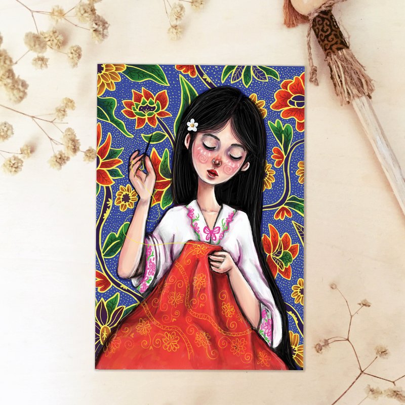 小娘惹 nyonya batik inspired postcard size art print - 卡片/明信片 - 纸 红色