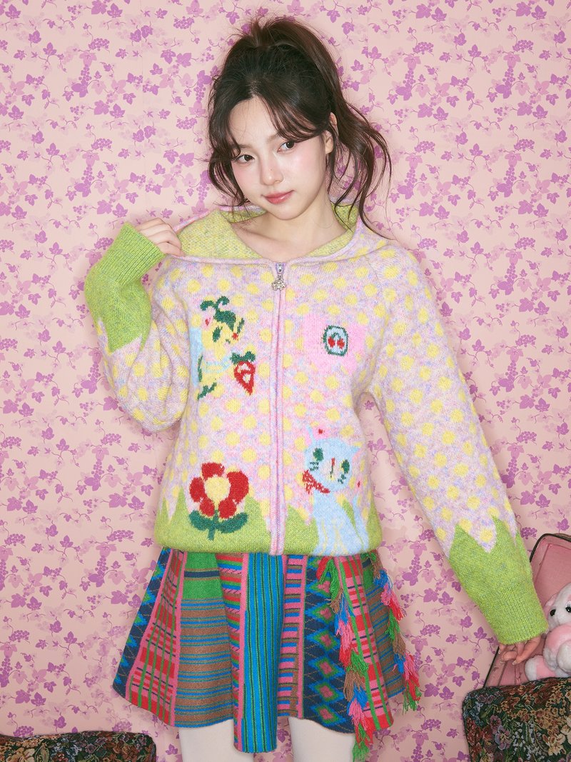 浅粉色波点小动物连帽针织开衫童趣 - 女装上衣 - 其他材质 多色