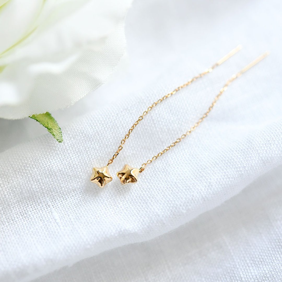 K18 Gold Star Star American Earrings 1 Pair - 耳环/耳夹 - 宝石 金色