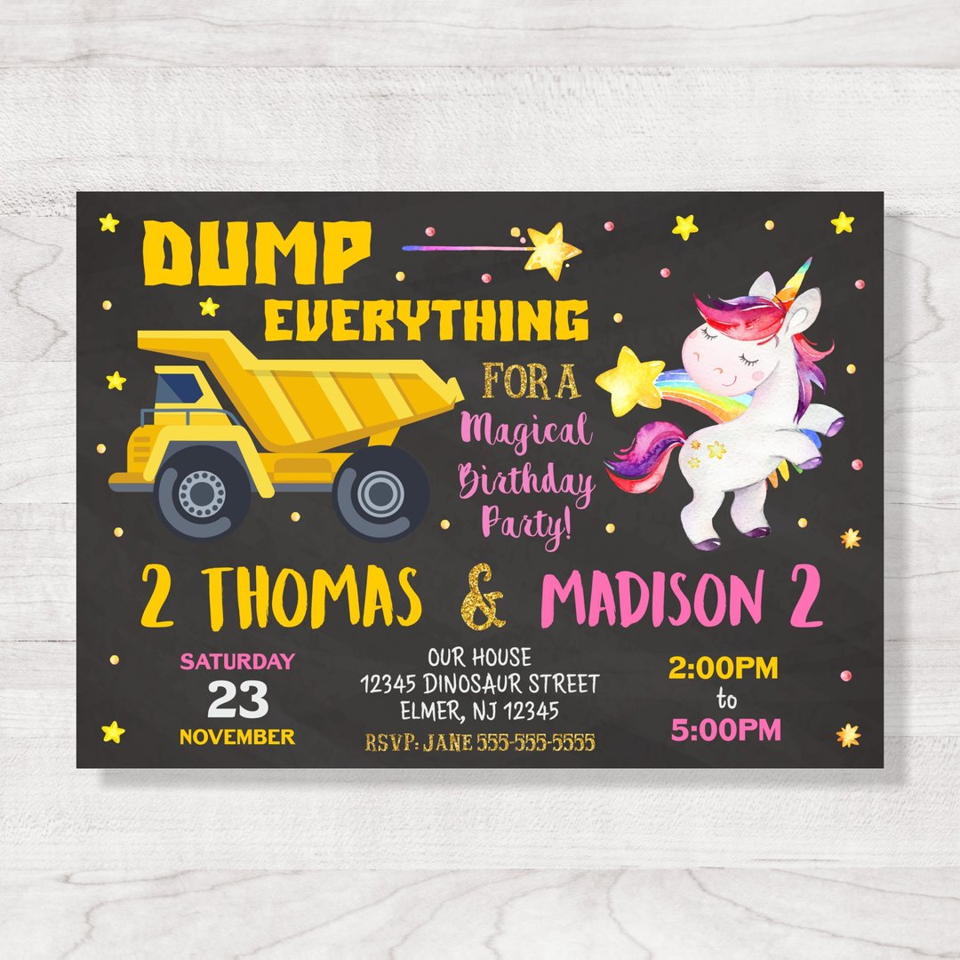 Construction and Unicorn Birthday Invitation, Joint, Digital, Personalized - 电子喜帖/贺卡/邀请函 - 其他材质 