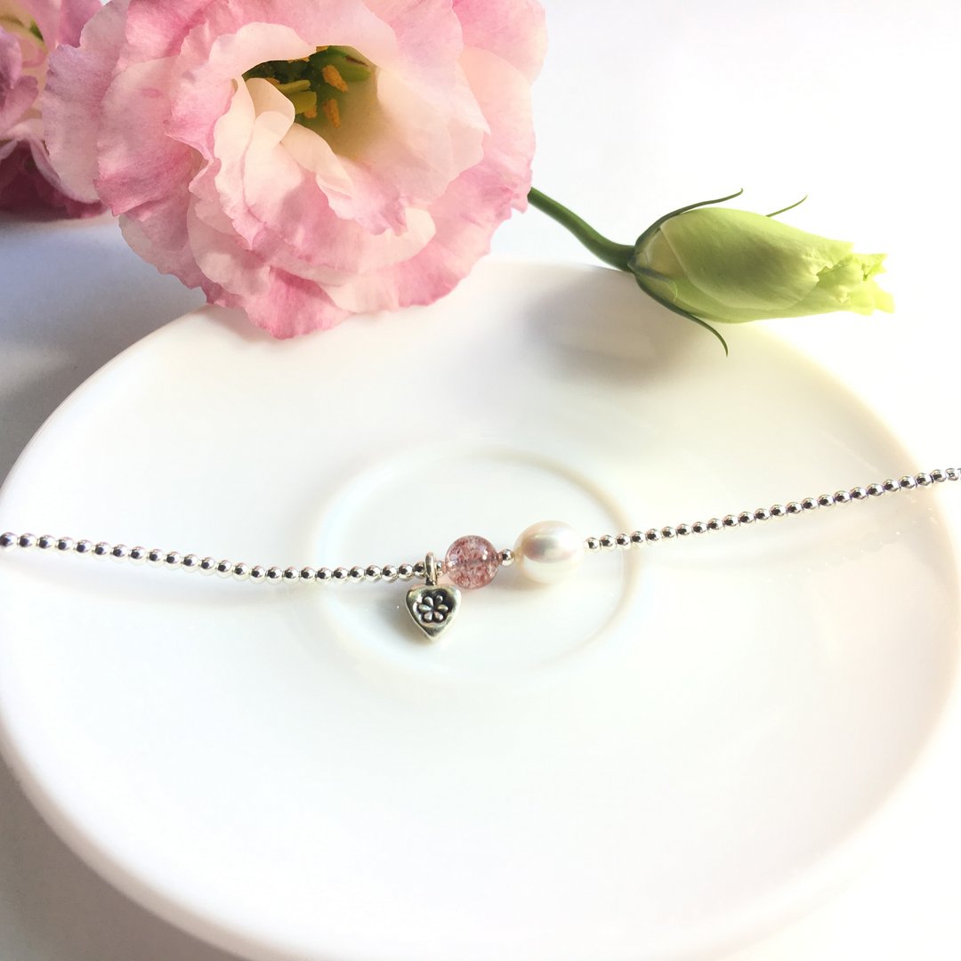 Ops Pearl Strawberry Crystal bracelet 草莓晶/珍珠/纯银/桃花 - 手链/手环 - 宝石 粉红色