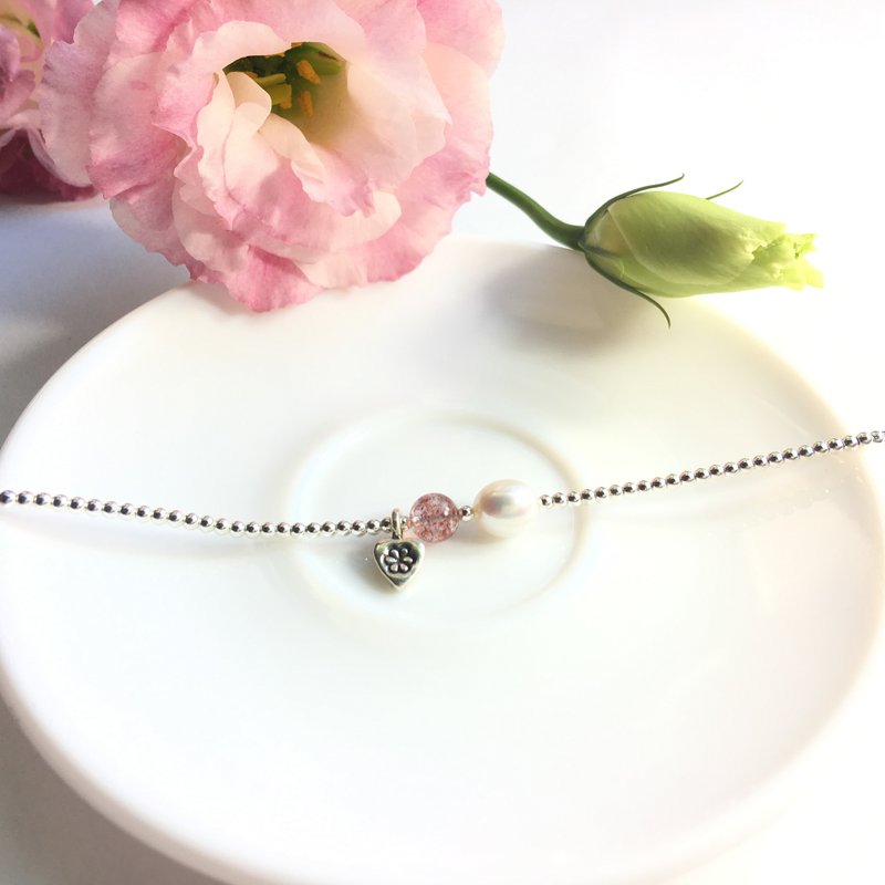 Ops Pearl Strawberry Crystal bracelet 草莓晶/珍珠/纯银/桃花 - 手链/手环 - 宝石 粉红色