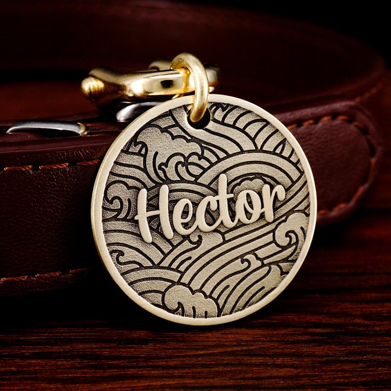 狗牌猫牌宠物牌 定制宠物标签猫狗标签海浪图案手工标签 Handmade - 项圈/牵绳 - 铜/黄铜 金色